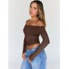 imageTrendy Queen Women Long Sleeve Shirts Off Shoulder Tops Going Out Crop Sexy Slim Fitted Y2K Fall Outfits 2025 Fashion ClothesCoffee