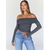 imageTrendy Queen Women Long Sleeve Shirts Off Shoulder Tops Going Out Crop Sexy Slim Fitted Y2K Fall Outfits 2025 Fashion ClothesGrey