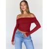 imageTrendy Queen Women Long Sleeve Shirts Off Shoulder Tops Going Out Crop Sexy Slim Fitted Y2K Fall Outfits 2025 Fashion ClothesRed