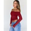 imageTrendy Queen Women Long Sleeve Shirts Off Shoulder Tops Going Out Crop Sexy Slim Fitted Y2K Fall Outfits 2025 Fashion ClothesRed