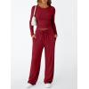 imageTrendy Queen Womens 2 Piece Matching Lounge Set Long Sleeve Slightly Crop Top Wide Leg Pants Casual SweatsuitRed