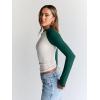 imageTrendy Queen Womens Long Sleeve Shirts Slim Fit Stretchy Color Block Slightly Cropped TopsBeige Emerald Combo