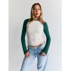 imageTrendy Queen Womens Long Sleeve Shirts Slim Fit Stretchy Color Block Slightly Cropped TopsBeige Emerald Combo