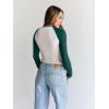 imageTrendy Queen Womens Long Sleeve Shirts Slim Fit Stretchy Color Block Slightly Cropped TopsBeige Emerald Combo
