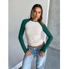 imageTrendy Queen Womens Long Sleeve Shirts Slim Fit Stretchy Color Block Slightly Cropped TopsBeige Emerald Combo