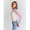 imageTrendy Queen Womens Long Sleeve Shirts Slim Fit Stretchy Color Block Slightly Cropped TopsBeige Pink Combo