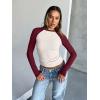 imageTrendy Queen Womens Long Sleeve Shirts Slim Fit Stretchy Color Block Slightly Cropped TopsBeige Ruby Combo