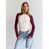 imageTrendy Queen Womens Long Sleeve Shirts Slim Fit Stretchy Color Block Slightly Cropped TopsBeige Ruby Combo