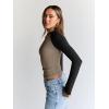 imageTrendy Queen Womens Long Sleeve Shirts Slim Fit Stretchy Color Block Slightly Cropped TopsMocha Black Combo