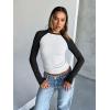 imageTrendy Queen Womens Long Sleeve Shirts Slim Fit Stretchy Color Block Slightly Cropped TopsWhite Black Combo