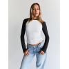 imageTrendy Queen Womens Long Sleeve Shirts Slim Fit Stretchy Color Block Slightly Cropped TopsWhite Black Combo
