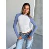imageTrendy Queen Womens Long Sleeve Shirts Slim Fit Stretchy Color Block Slightly Cropped TopsWhite Blue Combo