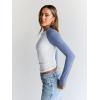 imageTrendy Queen Womens Long Sleeve Shirts Slim Fit Stretchy Color Block Slightly Cropped TopsWhite Blue Combo