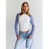 imageTrendy Queen Womens Long Sleeve Shirts Slim Fit Stretchy Color Block Slightly Cropped TopsWhite Blue Combo