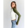 imageTrendy Queen Womens Long Sleeve Shirts Slim Fit Stretchy Color Block Slightly Cropped TopsWhite Green Combo