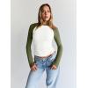 imageTrendy Queen Womens Long Sleeve Shirts Slim Fit Stretchy Color Block Slightly Cropped TopsWhite Green Combo
