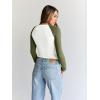 imageTrendy Queen Womens Long Sleeve Shirts Slim Fit Stretchy Color Block Slightly Cropped TopsWhite Green Combo