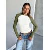 imageTrendy Queen Womens Long Sleeve Shirts Slim Fit Stretchy Color Block Slightly Cropped TopsWhite Green Combo