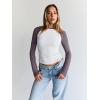 imageTrendy Queen Womens Long Sleeve Shirts Slim Fit Stretchy Color Block Slightly Cropped TopsWhite Mauve Combo
