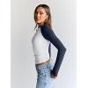 imageTrendy Queen Womens Long Sleeve Shirts Slim Fit Stretchy Color Block Slightly Cropped TopsWhite Navy Combo