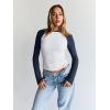 imageTrendy Queen Womens Long Sleeve Shirts Slim Fit Stretchy Color Block Slightly Cropped TopsWhite Navy Combo