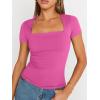 imageTrendy Queen Womens Square Neck Tops Short Sleeve Shirts Double Lined Workout Summer Clothes Casual Slim Fit TShirtsHotpink