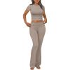 imageTrendy Queen Lounge Sets For Women 2 Piece Casual Y2K Outfits Short Sleeve Cropped Tops Fold Over Flare Pants Tracksuits CoffeeGrey M