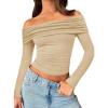 imageTrendy Queen Women Long Sleeve Shirts Off Shoulder Tops Going Out Crop Sexy Slim Fitted Y2K Fall Outfits 2025 Fashion ClothesApricot