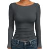 imageTrendy Queen Womens Boat Neck Tops Long Sleeve Shirts Casual Fitted Tee Shirts Solid Color Fall Basic ClothesGray