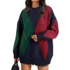 imageTrendy Queen Womens Color Block Argyle Plaid Oversized Chunky Knit Crewneck Sweaters 2025Navy Green