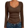 imageTrendy Queen Womens Long Sleeve Shirts V Neck Ribbed Knit Fall TopsBrown