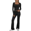 imageTrendy Queen Womens Workout Sets 2 Piece Fall Outfits Square Neck Tops Flare Pants Tracksuits Clothes Winter Fashion 2025Black