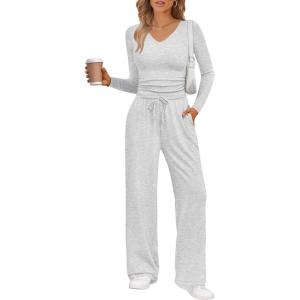 imageTrendy Queen 2 Piece Lounge Sets for Women Fall Outfits 2025 Fashion Two Piece Sweatsuits Business Casual Outfits ClothesWhite Grey