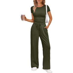 imageTrendy Queen 2 Piece Matching Summer Sweatsuit Lounge Set Womens Wide Leg Pants Side Ruching Crop Top SetsArmy Green