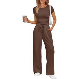 imageTrendy Queen 2 Piece Matching Summer Sweatsuit Lounge Set Womens Wide Leg Pants Side Ruching Crop Top SetsCocoa