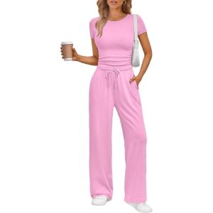 imageTrendy Queen 2 Piece Matching Summer Sweatsuit Lounge Set Womens Wide Leg Pants Side Ruching Crop Top SetsLight Pink