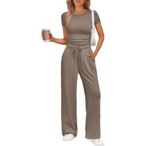 imageTrendy Queen 2 Piece Matching Summer Sweatsuit Lounge Set Womens Wide Leg Pants Side Ruching Crop Top SetsMocha