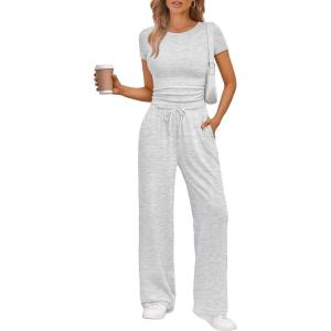 imageTrendy Queen 2 Piece Matching Summer Sweatsuit Lounge Set Womens Wide Leg Pants Side Ruching Crop Top SetsOatmeal Grey