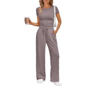 imageTrendy Queen 2 Piece Matching Summer Sweatsuit Lounge Set Womens Wide Leg Pants Side Ruching Crop Top SetsRose Taupe