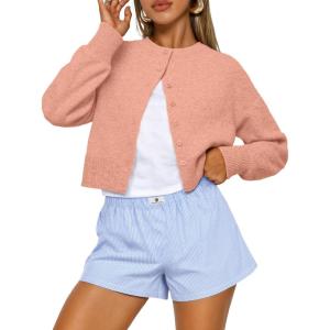 imageTrendy Queen Cropped Cardigan Sweaters for Women Lightweight Crop Knit Y2k Fall Outfits Fashion Clothes 2025Coral