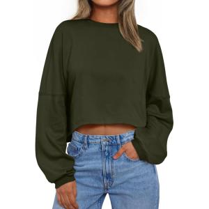 imageTrendy Queen Cropped Sweatshirts for Women Oversized Crewneck Sweaters Long Sleeve Tops Fall Winter Clothes 2025Armygreen