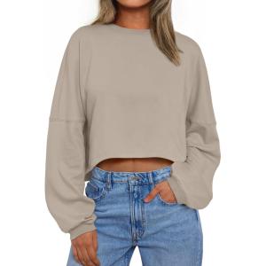 imageTrendy Queen Cropped Sweatshirts for Women Oversized Crewneck Sweaters Long Sleeve Tops Fall Winter Clothes 2025Coffeegrey