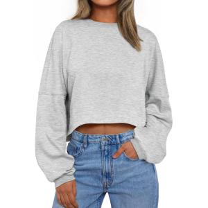 imageTrendy Queen Cropped Sweatshirts for Women Oversized Crewneck Sweaters Long Sleeve Tops Fall Winter Clothes 2025Grey