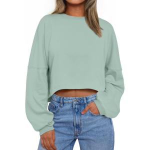 imageTrendy Queen Cropped Sweatshirts for Women Oversized Crewneck Sweaters Long Sleeve Tops Fall Winter Clothes 2025Lightgreen