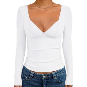imageTrendy Queen Going Out Tops for Women Trendy Long Sleeve Shirts Fashion Clothing V Neck Basic Y2K Clothes Cute Shirt CorsetWhite