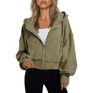 imageTrendy Queen Hoodies for Women Full Zip Up Cropped Sweatshirts Jackets Casual Comfy Gym Tops Fall Outfits Winter Clothes 2025Armygreen