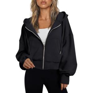 imageTrendy Queen Hoodies for Women Full Zip Up Cropped Sweatshirts Jackets Casual Comfy Gym Tops Fall Outfits Winter Clothes 2025Black