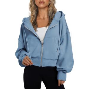 imageTrendy Queen Hoodies for Women Full Zip Up Cropped Sweatshirts Jackets Casual Comfy Gym Tops Fall Outfits Winter Clothes 2025Blue
