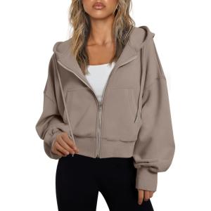imageTrendy Queen Hoodies for Women Full Zip Up Cropped Sweatshirts Jackets Casual Comfy Gym Tops Fall Outfits Winter Clothes 2025Coffegrey