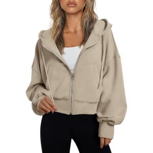 imageTrendy Queen Hoodies for Women Full Zip Up Cropped Sweatshirts Jackets Casual Comfy Gym Tops Fall Outfits Winter Clothes 2025Khaki